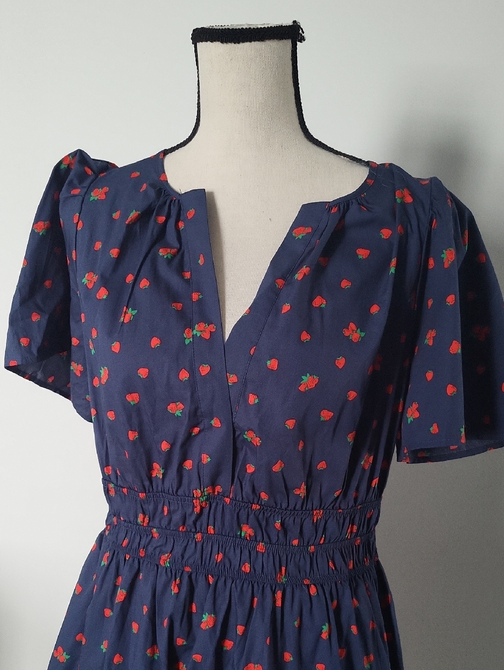 Anthropologie Navy Blue Short Sleeve Strawberry Midi Dress - Picture 4 of 6